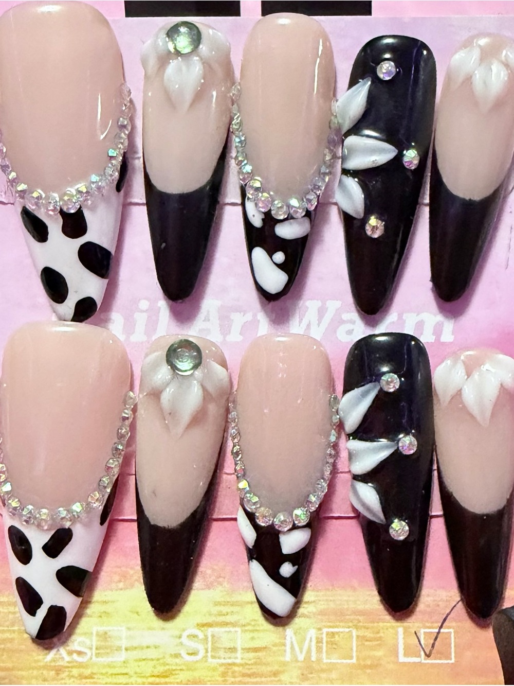 Black & Nude Stiletto Press-On Nail Set with Rhinestone Accents